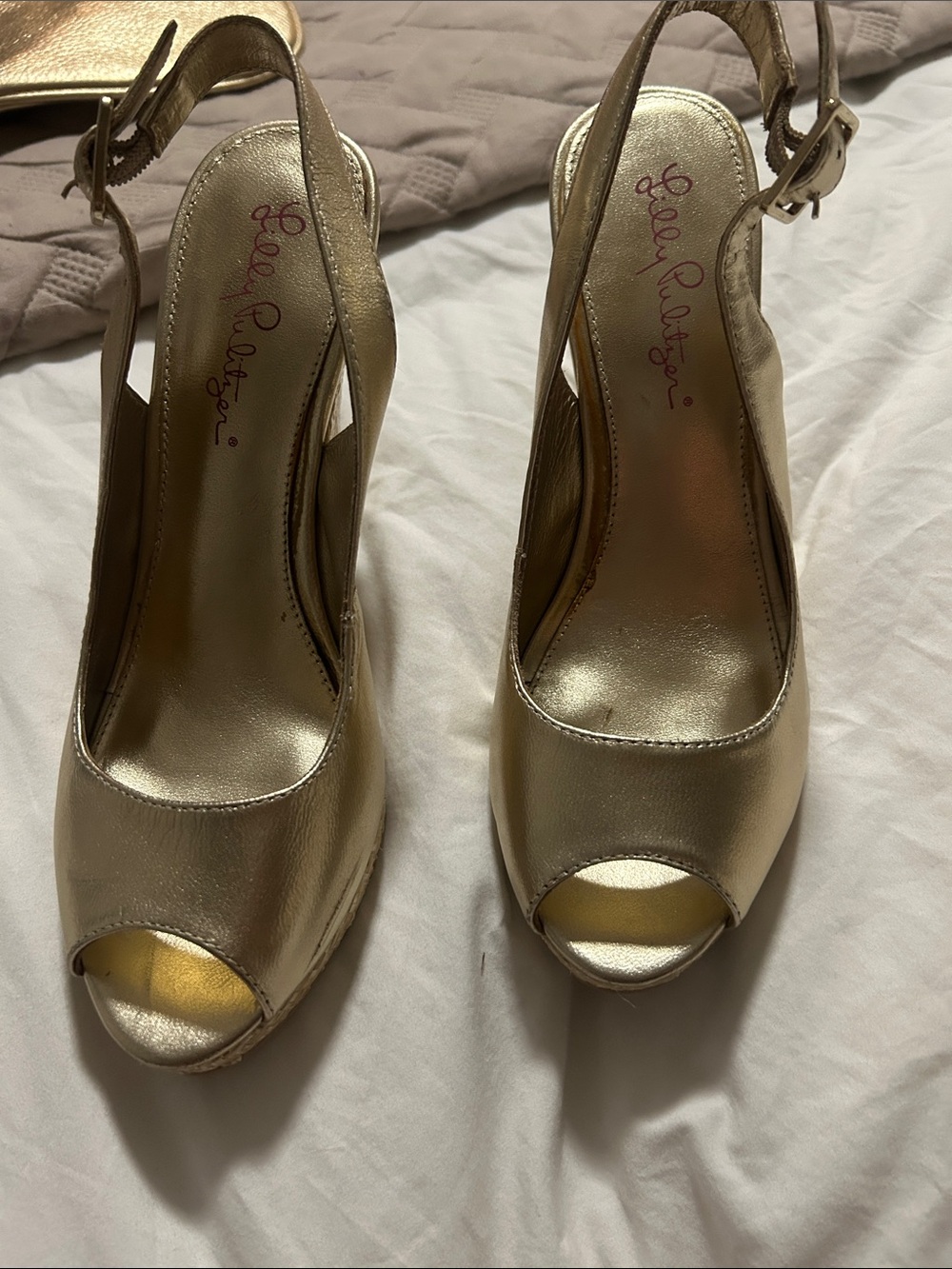 Lilly Pulitzer Metallic Gold Peep-Toe Slingback Platforms